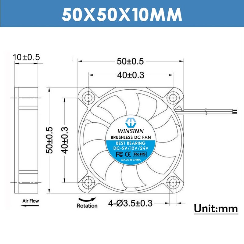 WINSINN 50mm 24V Fan - Dual Ball Bearing 6000 RPM 5010 Cooling Fan Replacement for Industrial Equipment/Servers/Routers, 30cm Cable with XH2.54-2PIN, Brushless 50x10mm (5Pcs) - Image 2